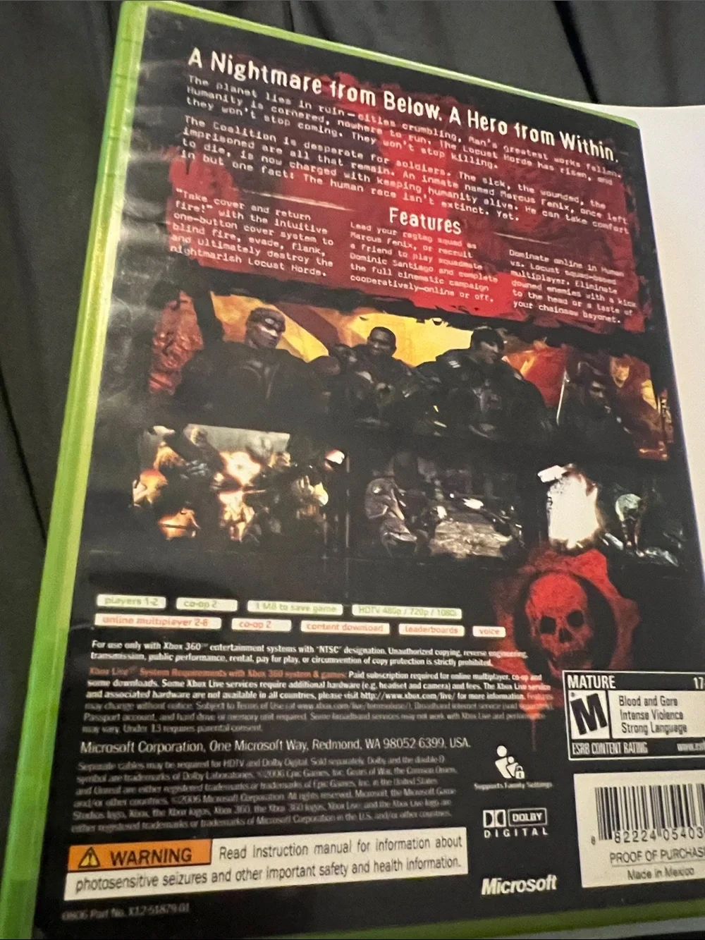 Microsoft Xbox 360 Gears of War Game Case - Black & Orange Artwork